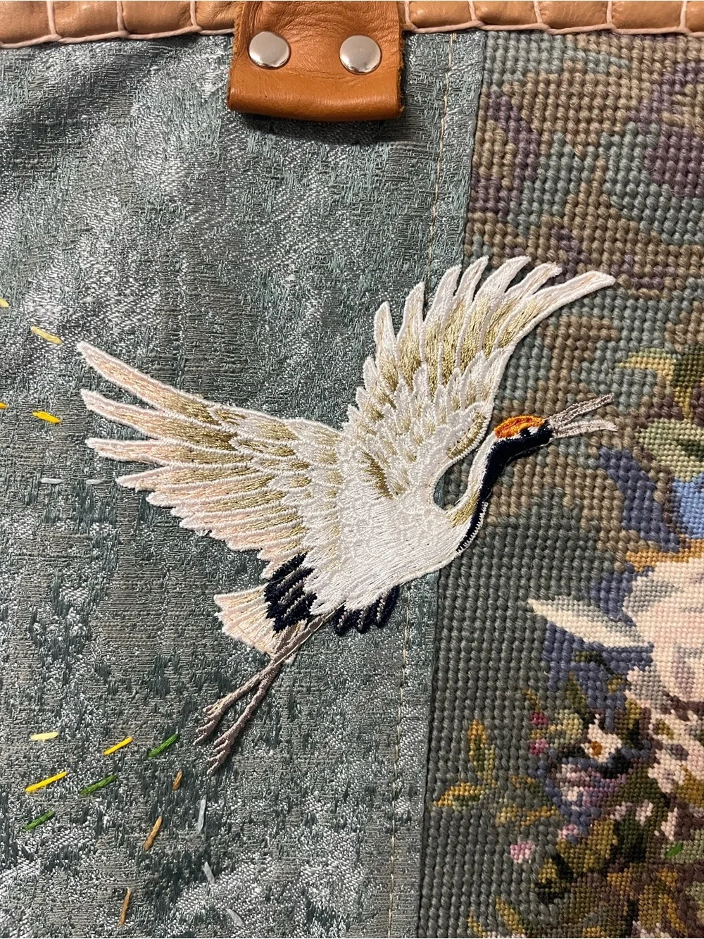 Handmade One-of-a-kind handbag tote purse . Crane velvet floral bag artwork.